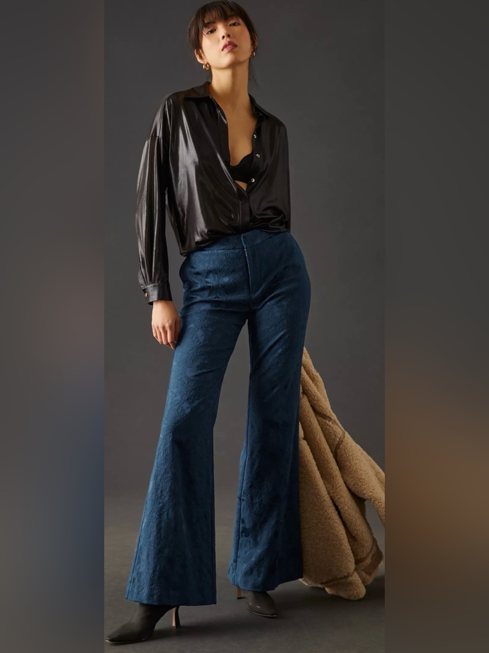 Anthropologie Damask Jacquard Flare  Pants Floral In Navy Textured Classy Dressy